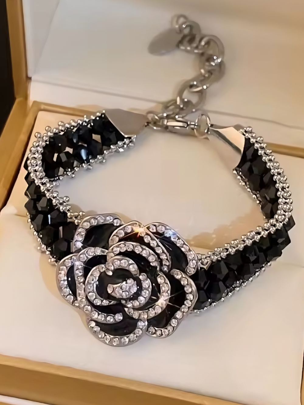 Elegant Black Crystal Flower Bracelet by